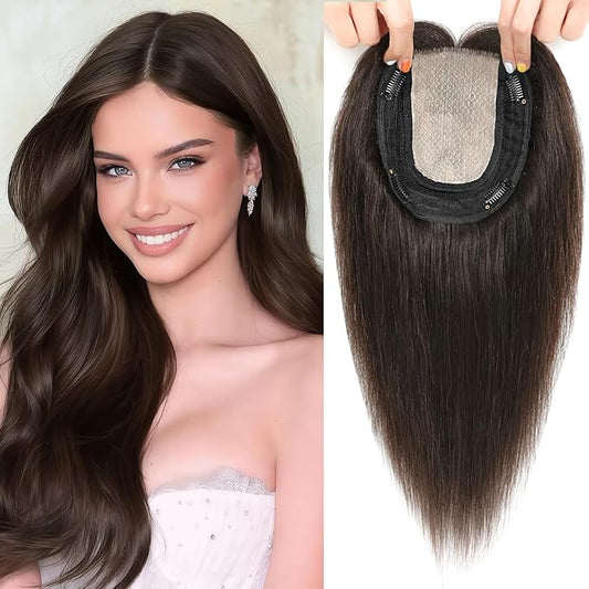 Hair Toppers for Women Real Human Hair, 360° 3D Toppers Pieces for Women with Thinning Crown Side Bangs 14 Inch Upgrade Big Basement (Dark Brown, 14 Inch Side Bangs)