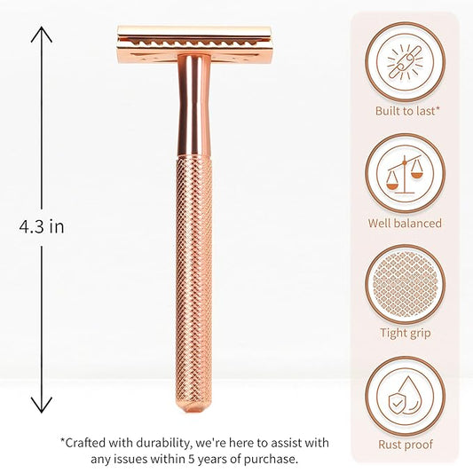 Bambaw Safety Razor for Women with 5 Double Edge Blades, Double Edge Razor, Single Blade Razors for Women and Men, Reusable & Plastic Free – Rose Gold