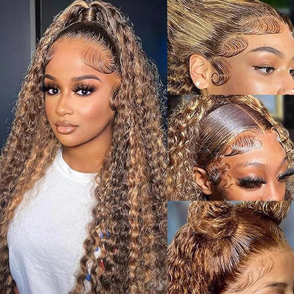 13x6 Highlight Deep Wave Lace Front Wigs Human Hair 180% Density Ombre Honey Blonde Curly Human Hair Wig Pre Plucked with Baby Hair 4/27 HD Transparent Lace Front Wigs Human Hair 20 Inch
