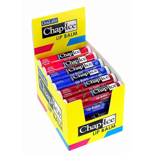 Chap-Ice® | Premium and Traditional Lip Balm for Chapped, Dry, or Windburned Lips | 3 Flavor Assorted (SPF-15) - Cherry, Moisture & Watermelon - 24 Sticks (0.15oz/4.25g)