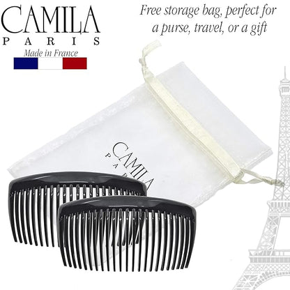 Camila Paris French Side Combs Large 2 Colors Each Curved French Twist Hair Combs Decorative, Strong Hold Hair Clips for Women Bun Chignon Up-Do, No Slip Styling Girls Hair Accessories, Made in France