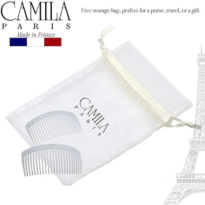 Camila Paris CP3024 French Side Combs Large Curved, White French Twist Hair Combs Decorative, Strong Hold Hair Clips for Women Bun Chignon Up-Do, No Slip Styling Girls Hair Accessories, Made in France
