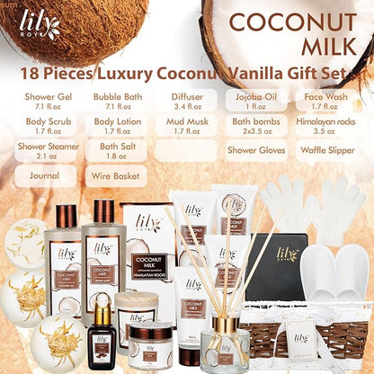 Fathers Day Gifts for Men Dad Coconut Vanilla Spa Gift Basket for Women 18 Pcs Luxury Bath & Body Set with Shower Gel | Relaxing Self Care Pampering Gifts for Her, Birthday, Christmas, Mothers Day