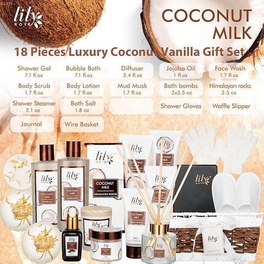 Fathers Day Gifts for Men Dad Coconut Vanilla Spa Gift Basket for Women 18 Pcs Luxury Bath & Body Set with Shower Gel | Relaxing Self Care Pampering Gifts for Her, Birthday, Christmas, Mothers Day