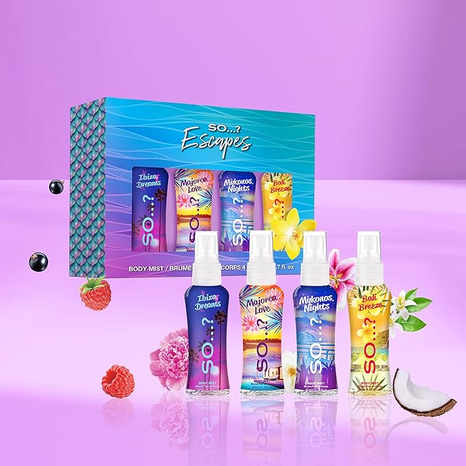 So...? Escapes Body Mist Set - Perfumes for Women - Everyday Body Spray for Women - Vegan, Cruelty Free Fragrances - Travel Size Gift Set - 4 pcs