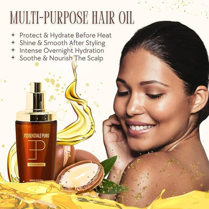L'Essenziale Puro Moroccan Argan Oil - Argan Oil For Hair - Hydrating Moroccan Hair Oil and Body Oil For Women and Men - Adds Shine, Controls Frizz - Luxury Beauty Elixir From Dubai (100ml/3.38 Fl Oz)