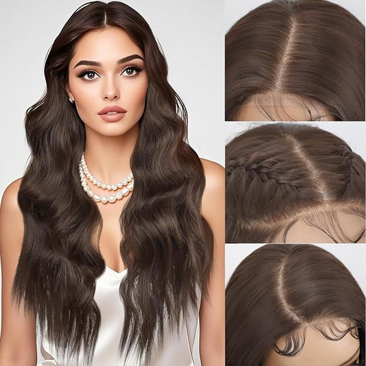 13x4 Synthetic Lace Front Wig Long Wavy Dark Brown Wig with Realistic Hairline 26 inch Pre Plucked Body Wave Lace Wig for Daily Party Use