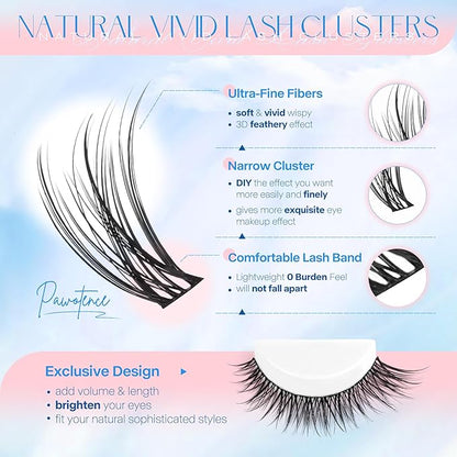 Pawotence Lash Clusters Kit Wispy Lash Extension Kit Natural 180pcs Cluster Eyelash Extensions Kit Individual Lashes 8-16mm Eyelash Clusters Kit with Lash Cluster Bond Seal and Lash Tweezers