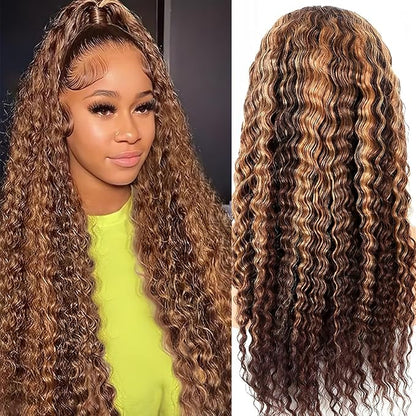 Honey Blonde Ombre 30 Inch Lace Front Wig Human Hair 13X6 Highlight Deep Wave Curly Human Hair Wig 4/27 Colored Deep Wave HD Lace Front Wigs Human Hair Pre Plucked with Baby Hair 180% Density