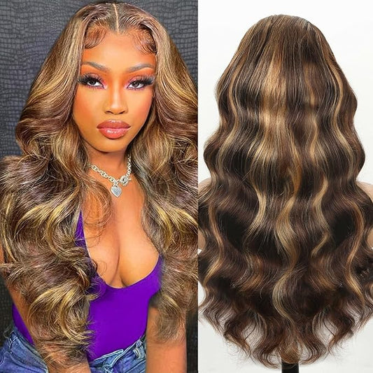 Ombre Lace Front Wig Human Hair, 13x6 HD Honey Blonde Body Wave Lace Frontal Wigs Human Hair with Baby Hair,210% Density Colored 4/27 Highlight Wig Human Hair for women 18 inch
