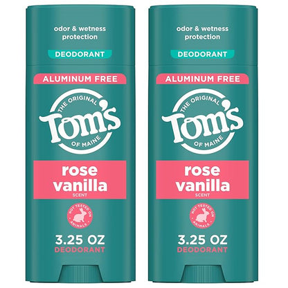 Tom's of Maine Rose Vanilla Aluminum Free Natural Deodorant For Women & Men | Goes on Clear | Odor & Wetness Protection | Naturally Derived and Moisture-Locking Ingredients | 3.25 oz (2 Pack)