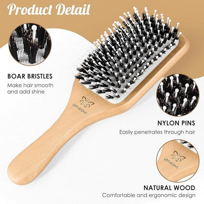 Hair Brush,Boar Bristle Hair Brushes and Styling Comb Set for Women Men Kids, Best Natural Wooden Paddle Hairbrush for Wet or Dry Hair Detangling Smoothing Massaging