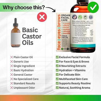 Organic Castor Oil For Face Moisturizer, Eyes, Eyelashes, Eyebrows, Wrinkles with Jojoba, Rosehip, Grapeseed, Squalane, Palmarosa, Bergamot and Vitamin E for Gentle Skin, Men & Women 1oz