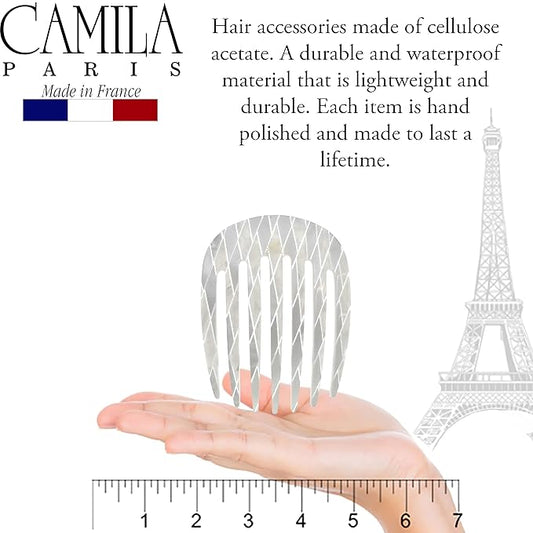 Camila Paris CP3408 French Hair Side Comb Rounded, Nacro White, Handmade French Twist Hair Combs, Strong Hold Hair Clips for Women Bun Chignon, No Slip Styling Girls Hair Accessories Made in France