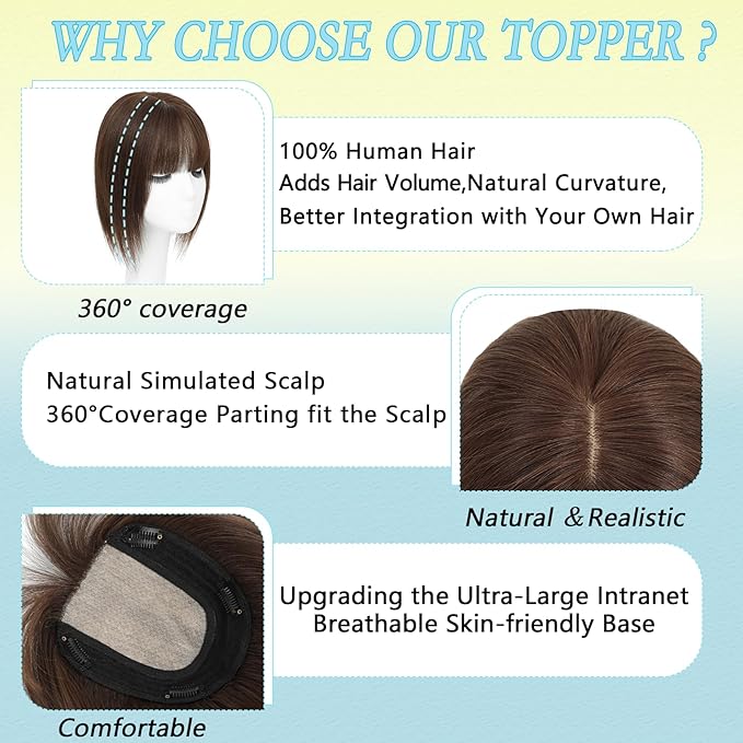 Hair Toppers for Women Real Human Hair, 360° 3D Toppers Pieces for Women with Thinning Crown Wispy Bangs 12 Inch Upgrade Big Basement (Mocha Brown, 12 Inch Wispy Bangs)