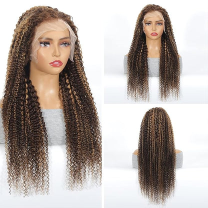 Honey Blonde Ombre 30 Inch Lace Front Wig Human Hair 13X6 Highlight Deep Wave Curly Human Hair Wig 4/27 Colored Deep Wave HD Lace Front Wigs Human Hair Pre Plucked with Baby Hair 180% Density
