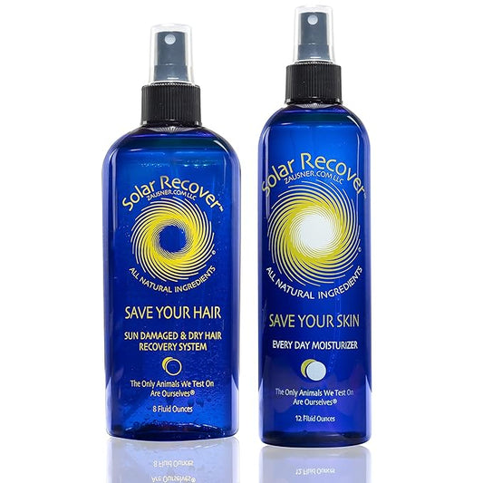 Solar Recover After Sun Moisturizing Spray + Hair Detangler Combo - 12oz Hydrating Facial and Body Mist for Sunburn Relief + 8oz All Natural Leave-In Conditioner