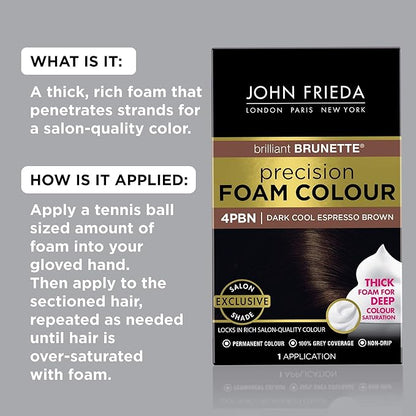 John Frieda Precision Foam Colour, Dark Cool Espresso Brown, Full-Coverage Hair Color Kit, Anti-Fade Gray Coverage, Deep Color Saturation Hair Dye, 1 Application