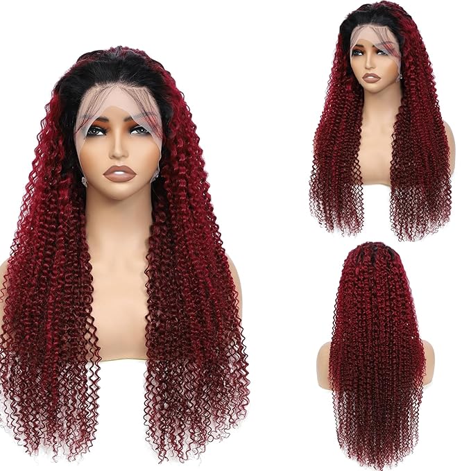 99j Burgundy Curly Lace Front Wigs Human Hair 13x6 OmbreBlack and Burgundy Lace Frontal Wig Pre Plucked Glueless 180% Density Dark Root 1B Burgundy Curly HD Lace Wig for Women 26 Inch