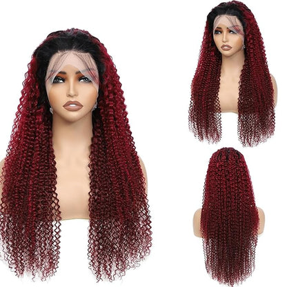 99j Burgundy Curly Lace Front Wigs Human Hair 13x6 OmbreBlack and Burgundy Lace Frontal Wig Pre Plucked Glueless 180% Density Dark Root 1B Burgundy Curly HD Lace Wig for Women 26 Inch