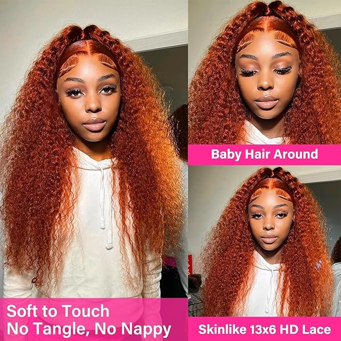 Ginger Lace Front Wigs Human Hair 13x6 Deep Wave Hd Lace Front Wig for Women 180% Density Glueless Orange Colored Curly Lace Frontal Wig Human Hair Pre Plucked Bleached Knots With Baby Hair 20 Inch