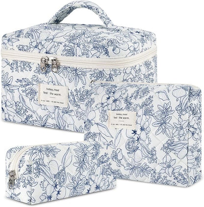 Makeup Bag, 3 Pcs Cotton Floral Quilted Makeup Bag Set, Large Toiletry Travel Cosmetic Bag for Women