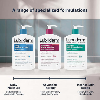 Lubriderm Fragrance Free Daily Moisture Lotion + Pro-Ceramide, Shea Butter & Glycerin, Face, Hand & Body Lotion for Sensitive Skin, Hydrating Lotion for Healthier-Looking Skin, 16 fl. oz