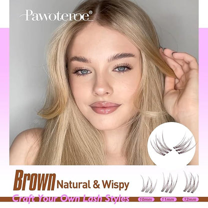 Pawotence Brown Lash Extension Kit Lash Clusters Wispy clear Band 10-12mm Individual Lashes Natural Brown Clusters Eyelash Extension Kit with Lash Bond and Seal, Lash Applicator for Self Use