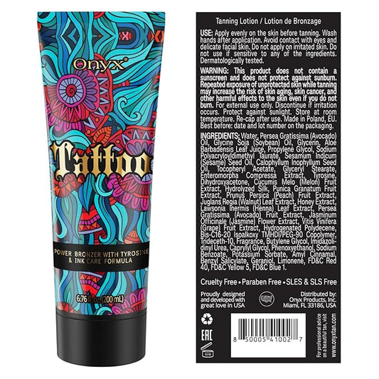 Onyx Tattoo Tanning Lotion with Fade Protection Ink Care & Color Booster Formula | Tattoo Tanning Lotion for Men and Women with Fruit Extract | Tattoo Lotion for Indoor and Outdoor Use - 6.76 FL/OZ