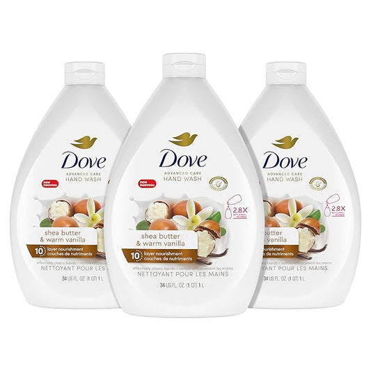 Dove Advanced Care Hand Wash Shea Butter & Warm Vanilla Pack of 3 For Soft, Smooth Skin, More Moisturizers Than The Leading Ordinary Hand Soap, 34 oz