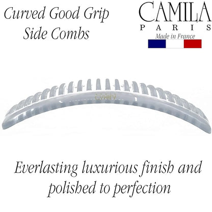 Camila Paris CP2911 French Side Combs Large Curved, Clear French Twist Hair Combs Decorative, Strong Hold Hair Clips for Women Bun Chignon Up-Do, No Slip Styling Girls Hair Accessories, Made in France