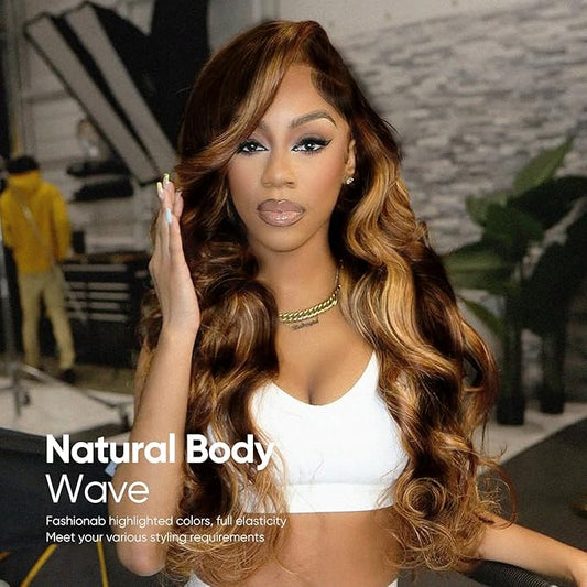 Ombre Lace Front Wig Human Hair, 13x6 HD Honey Blonde Body Wave Lace Frontal Wigs Human Hair with Baby Hair,210% Density Colored 4/27 Highlight Wig Human Hair for women 28 inch