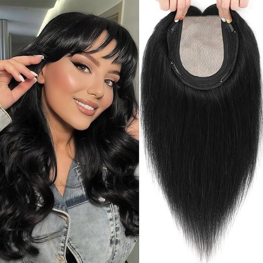 Hair Toppers for Women Real Human Hair, 360° 3D Toppers Pieces for Women with Thinning Crown Wispy Bangs 16 Inch Upgrade Big Basement (Black, 16 Inch Wispy Bangs)