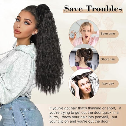 AISI BEAUTY 30 Inch Brown Highlights Ponytail Extension,Claw Clip Curly Ponytail Hair Extension for Women, Long Fluffy Synthetic Clip in Ponytail Hairpiece for Daily Use