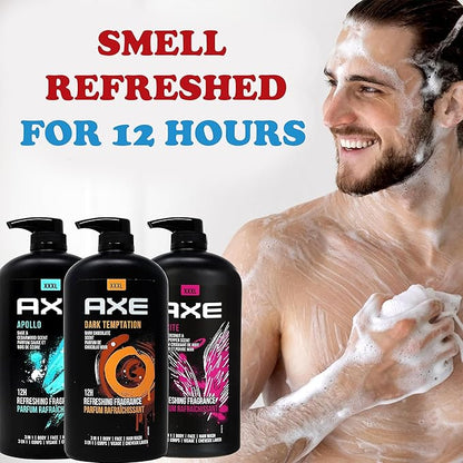 Axe Men's Body Wash Variety Set, Set of 3 Scents, Axe Dark Temptation, Apollo and Excite Body Wash, 3in1 Body and Face Wash in Pump Bottle, 33.8 Ounce Each