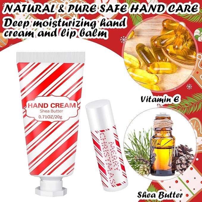 144 Pcs Christmas Candy Cane Lip Balm Hand Cream Set Party Favors Including 36 Lip Balm 36 Moisturizing Hand Cream 36 Bags 36 Cards and Ropes for Xmas Accessories Gifts