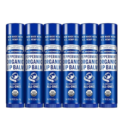 Dr. Bronner's - Organic Lip Balm (Peppermint, 0.15 ounce, 6-Pack) - Made with Organic Beeswax and Avocado Oil, For Dry Lips, Hands, Chin or Cheeks, Jojoba Oil for Added Moisture, Cooling and Hydrating