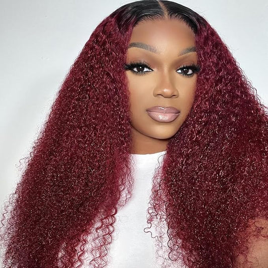 99J Burgundy Curly Lace Front Wig Human Hair 13x6 HD Lace Frontal Wigs Pre Plucked with Baby Hair Glueless 180% Density Dark Root 99J Burgundy Curly Lace Front Wig for Women 22inch