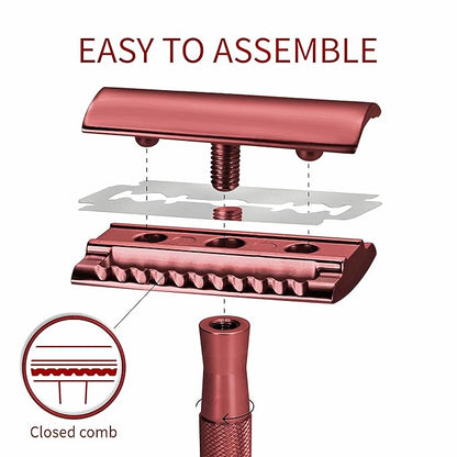 Bambaw Single Blade Double Edged Safety Razor with 5 Blades, Durable Metal Razor for Men & Women, Reusable & Plastic Free Double Edge Safety Razors for Men – Red