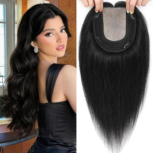 Hair Toppers for Women Real Human Hair, 360° 3D Toppers Pieces for Women with Thinning Crown Side Bangs 16 Inch Upgrade Big Basement (Black, 16 Inch Side Bangs)