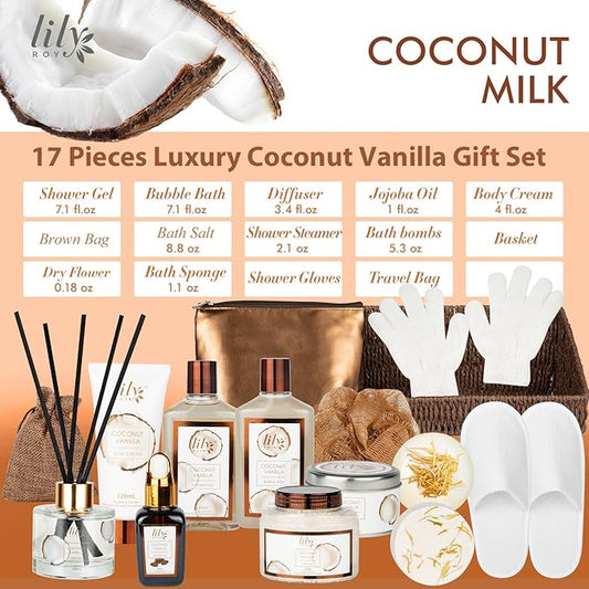 Fathers Day Gifts for Men Dad Coconut Vanilla Spa Gift Basket for Women 17-Piece Luxury Bath and Body Basket Set with Shower Gel Self Care Pampering Gifts for Mothers Day, Christmas, Birthday Gift