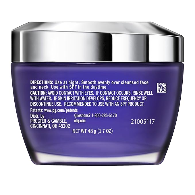 Olay Retinol Face Moisturizer, 24 MAX Anti-Aging Night Cream for Women, Fragrance-Free, Non Greasy - Anti-Wrinkle, Smooth Fine Lines, Tightening, Hydrating Skin Care - Peptides, Glycerin, 1.7 Oz