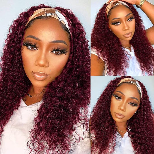 #99J Burgundy Headband Wig Human Hair Deep Wave Wigs for Black Women 150% Density None Lace Front Machine Made Brazilian Virgin Red Wine Deep Wave Headband Wig Human Hair 14 Inch…