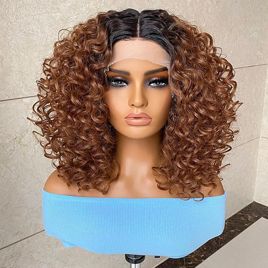 Felek 16inch Curly Middle Part Lace Front Wigs Mixed Honey Blonde Jerry Curl Wig T Lace Front Synthetic Pre-Plucked Deep Curly Lace Wigs For Black Women (T4/30)