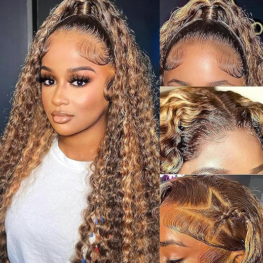 13x6 Highlight Deep Wave Lace Front Wigs Human Hair Ombre 4/27 HD Transparent Lace Frontal Wig Pre Plucked with Baby Hair Honey Blonde Curly Wig Human Hair for Black Women 22 Inch