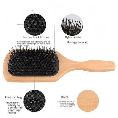 Boar Bristle Hair Brush and Comb Set for Women Men Kids, Best Natural Wooden Paddle Hairbrush and Small Travel Styling Brush for Wet or Dry Hair Detangling Smoothing Massaging(black)