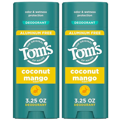 Tom's of Maine Coconut Mango Aluminum Free Natural Deodorant For Women & Men | Goes on Clear | Odor & Wetness Protection | Naturally Derived and Moisture-Locking Ingredients | 3.25 oz (2 Pack)