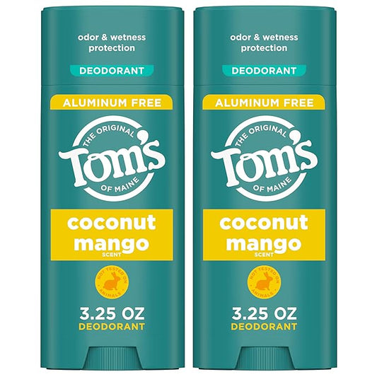 Tom's of Maine Coconut Mango Aluminum Free Natural Deodorant For Women & Men | Goes on Clear | Odor & Wetness Protection | Naturally Derived and Moisture-Locking Ingredients | 3.25 oz (2 Pack)