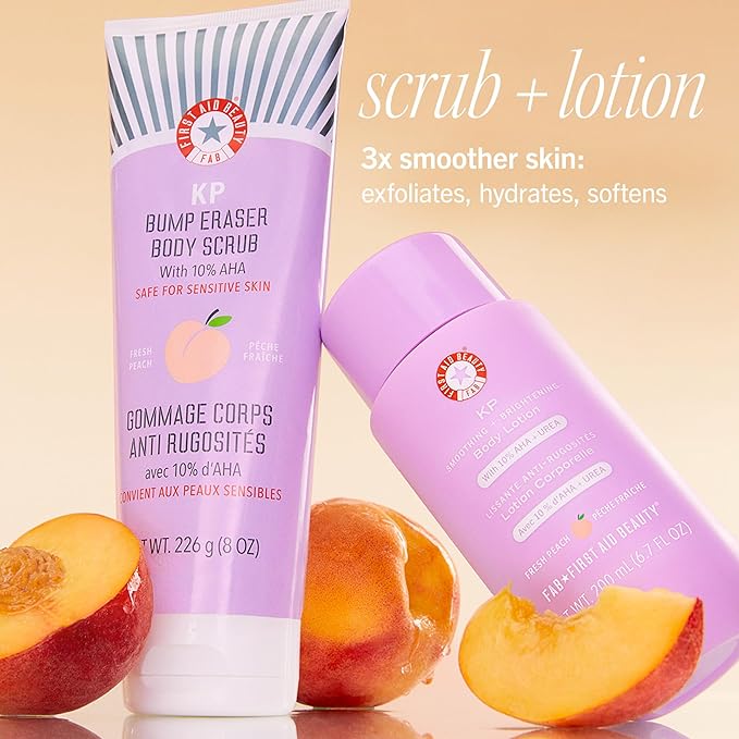 First Aid Beauty - KP Smoothing + Brightening Body Lotion with 10% AHA, Lactic Acid, Urea + Colloidal Oatmeal, Exfoliate + Moisturize, Banish Keratosis Pilaris Bumps, NEW Peach Scent (6. 7 fl oz)