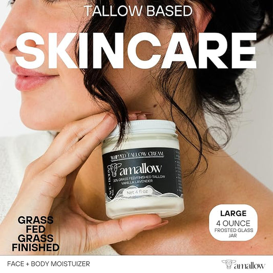 100% Grass Fed Beef Tallow for Skin Care - Face + Body - Whipped Moisturizer - Natural Lotion, 4 FL. oz. (Vanilla Lavender)